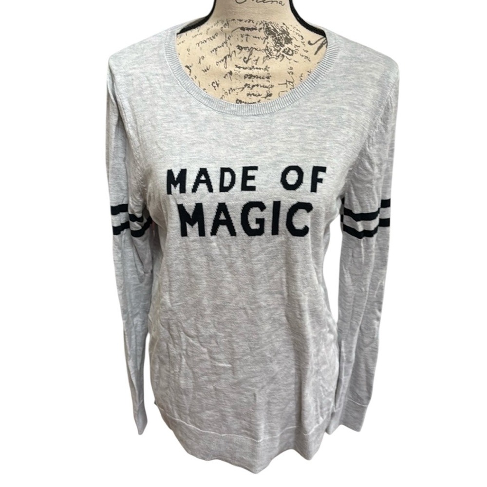 Lightweight Crew Neck Sweater “Made of Magic” Size L Gray with Black Text